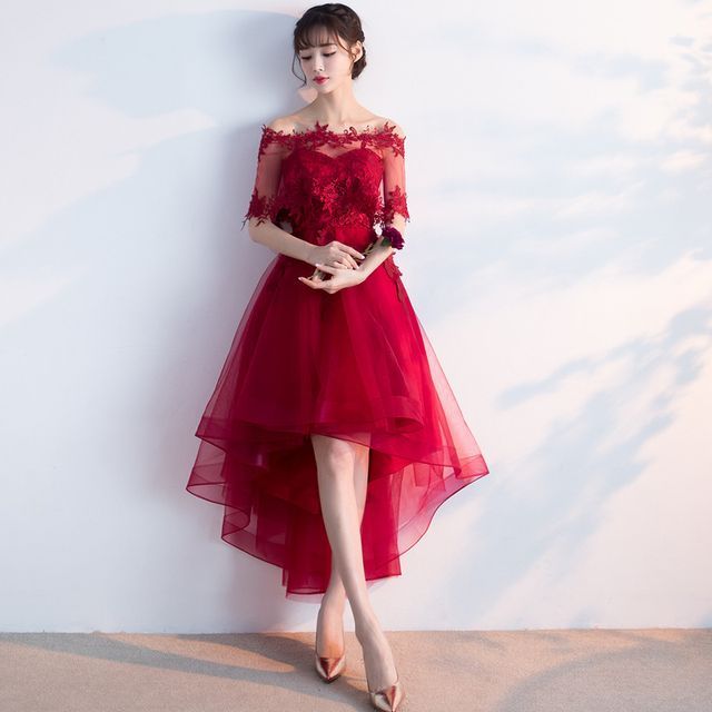 Wonhi - Short-Sleeve Lace Trim High Low Cocktail Dress