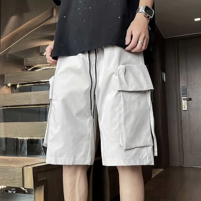 Mimiyox-Drawstring Waist Plain Cargo Shorts