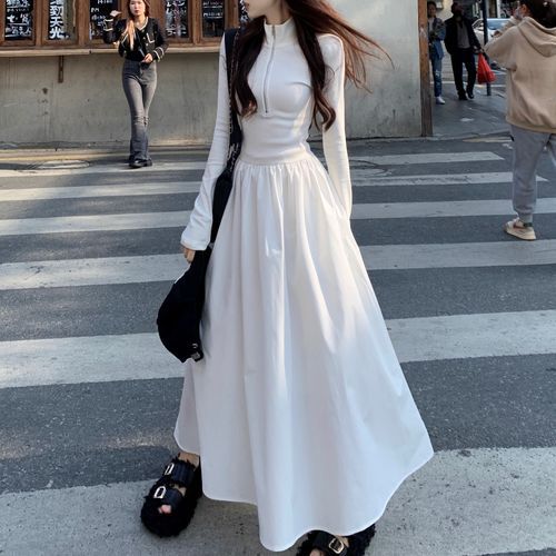 Moon City - Long-Sleeve Mock Neck Plain Half-Zip Midi A-Line Dress | YesStyle Moon City - Long-Sleeve Mock Neck Plain Half-Zip Midi A-Line Dress | YesStyle