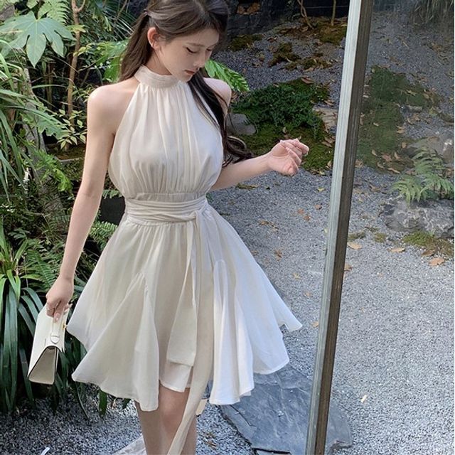 Windflower - Halter-Neck Plain Shirred Mini A-Line Dress | YesStyle