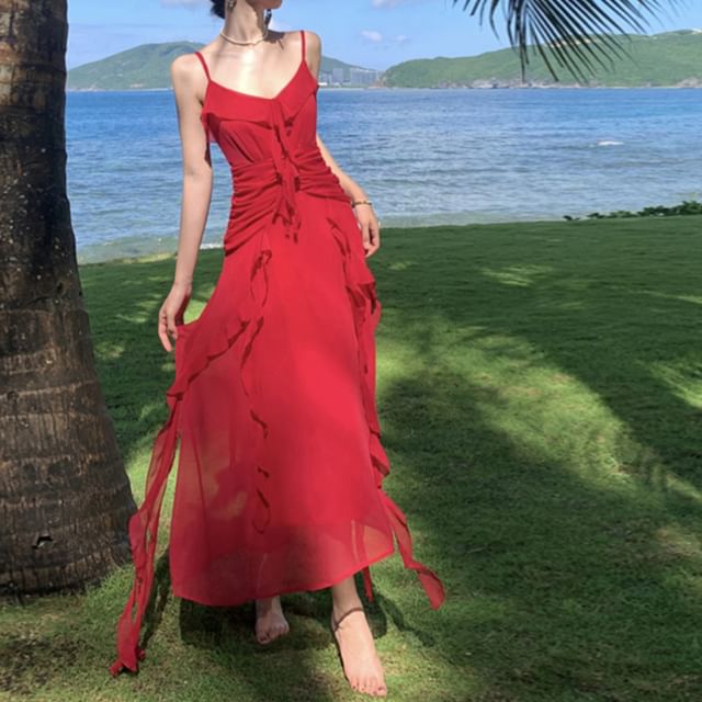 BOHEME - Spaghetti Strap Plain Ruffle Trim Midi A-Line Dress