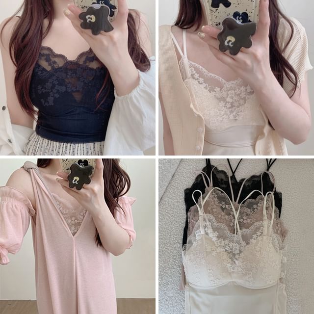 Glotto-V-Neck Plain Panel Lace Cami Top