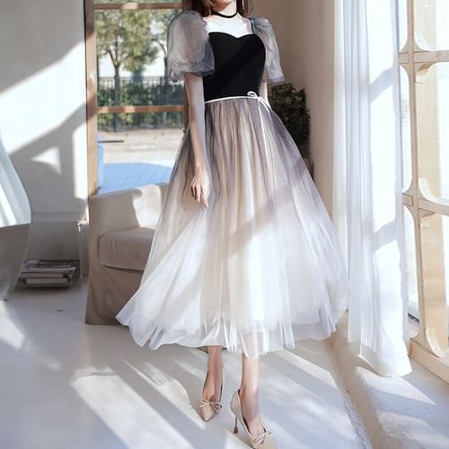 Destine - Puff-Sleeve Sequin Gradient Midi A-Line Cocktail