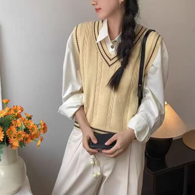 MIKIGA-V-Neck Striped Cable Knit Sweater Vest