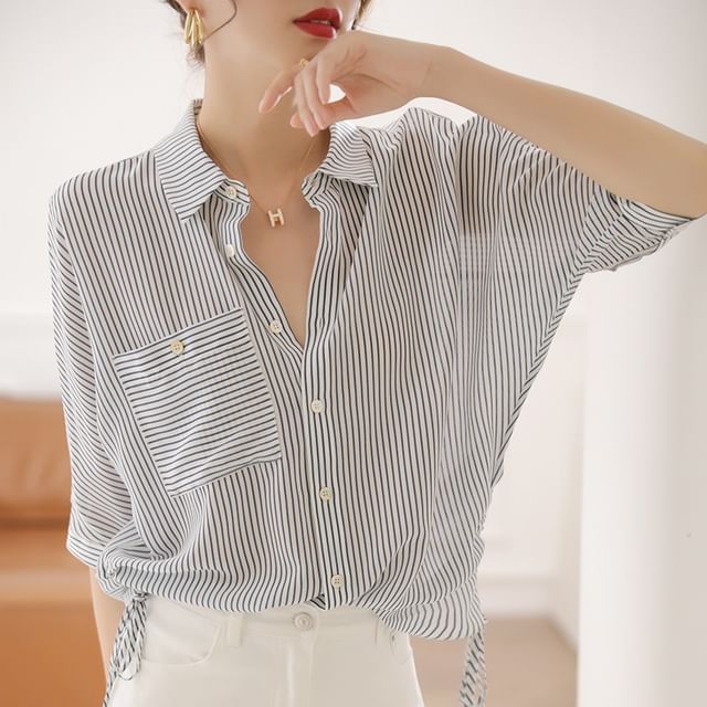 Omibayo-34-Sleeve Collared Striped Drawstring Button-Up Blouse