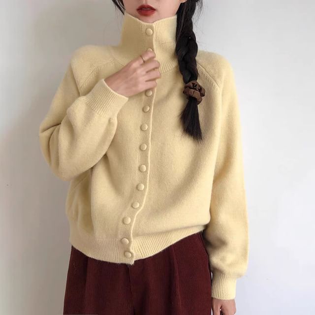 Beaustreet-Stand Collar Plain Button-Up Cardigan