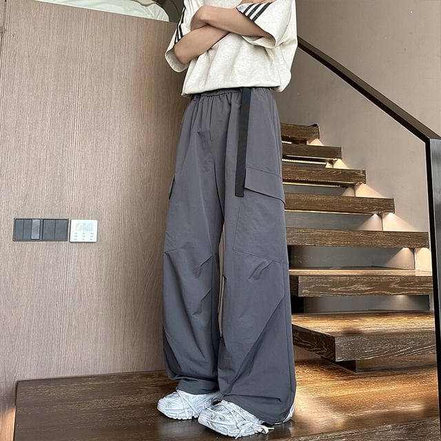 Diphon-Elastic Waist Plain Wide Leg Cargo Pants