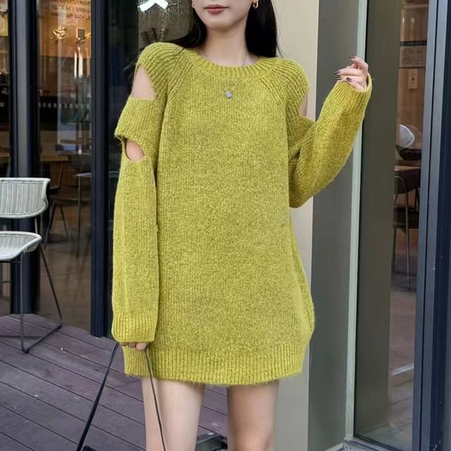 Odestra-Cutout Sleeve Crew Neck Plain Sweater