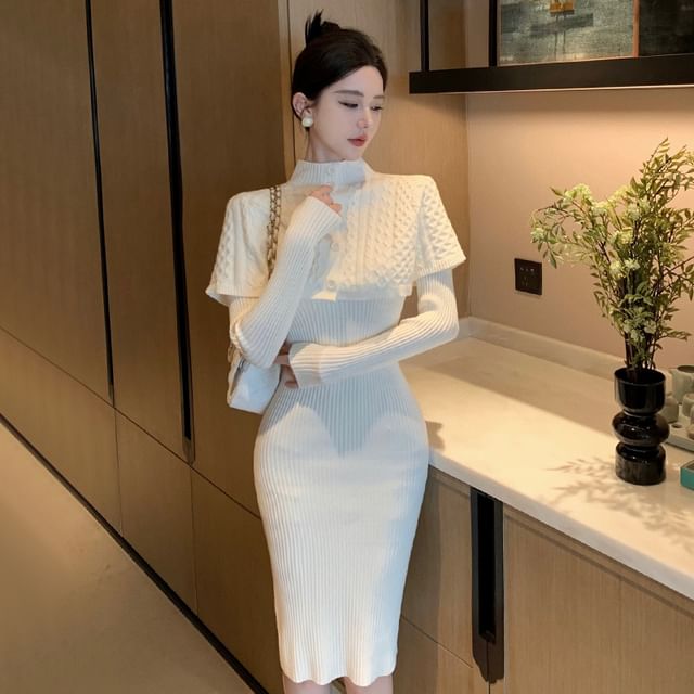 YEYCAT - Set: Long-Sleeve Mock Neck Plain Ribbed Midi Sheath Knit Dress + Crop Knit Top | YesStyle YEYCAT - Set: Long-Sleeve Mock Neck Plain Ribbed Midi Sheath Knit Dress + Crop Knit Top | YesStyle