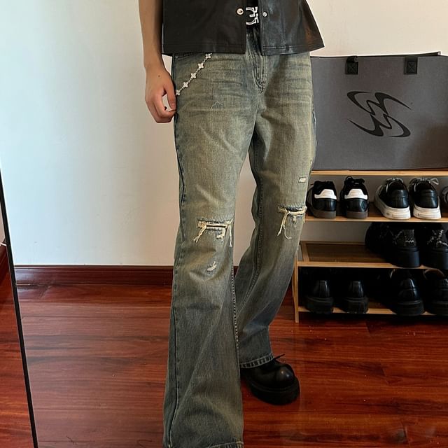DragonRoad-High Waist Distressed Flared Jeans