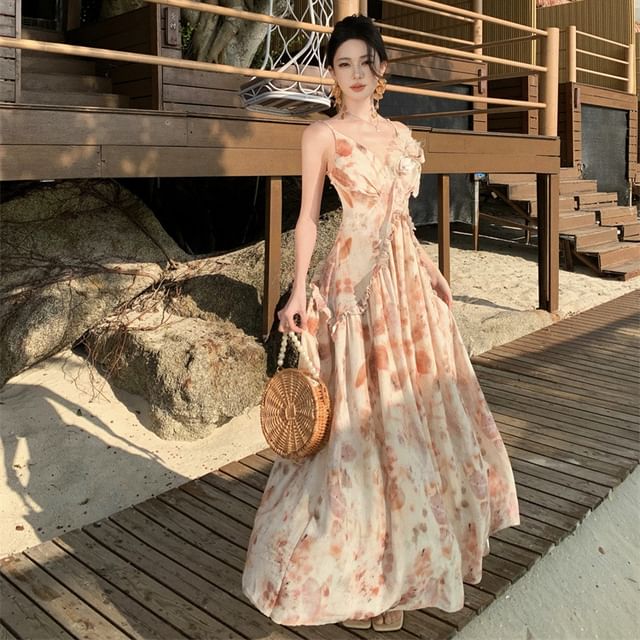 Moanum - Spaghetti Strap V-Neck Tie Dye Floral Accent Frill Trim Maxi  A-Line Dress | YesStyle