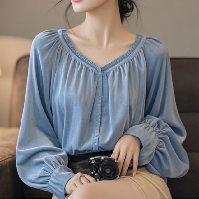 Jeonseon-Puff-Sleeve V-Neck Plain Blouse
