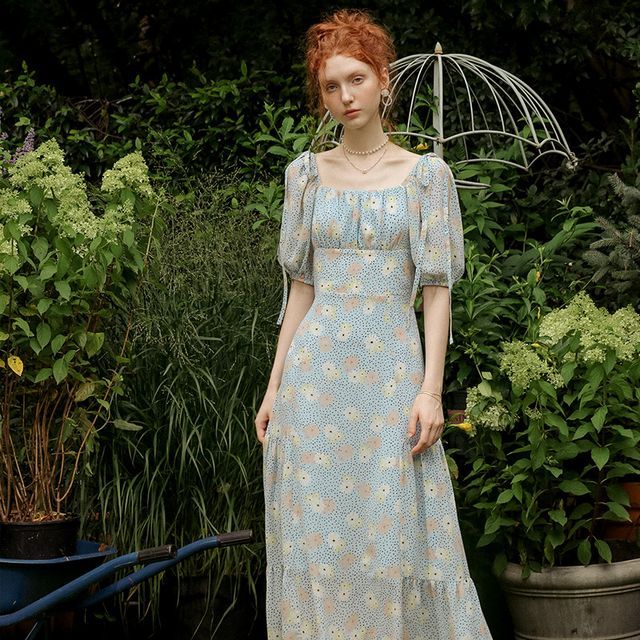 Sincethen-Flower Print Short-Sleeve Maxi A-Line Dress
