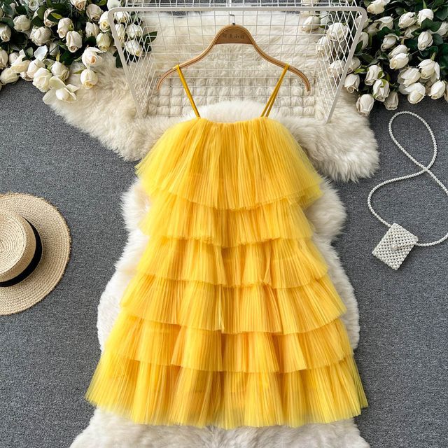 Lucuna-Spaghetti Strap Layered Mesh Mini A-Line Dress