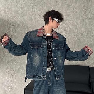 Zentrus-Collared Plaid Panel Washed Denim Button Jacket