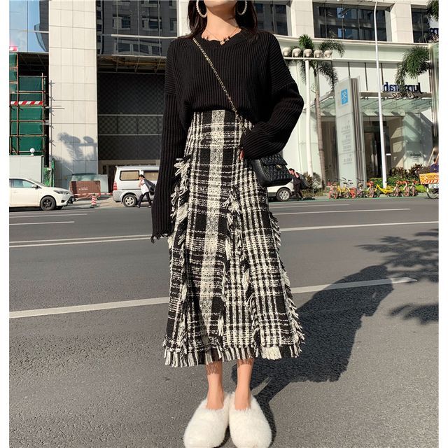 Distressed Sweater + Plaid Tweed Midi 