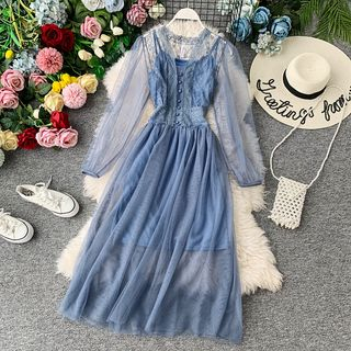 Long-Sleeve Lace Trim Mesh A-Line Midi 