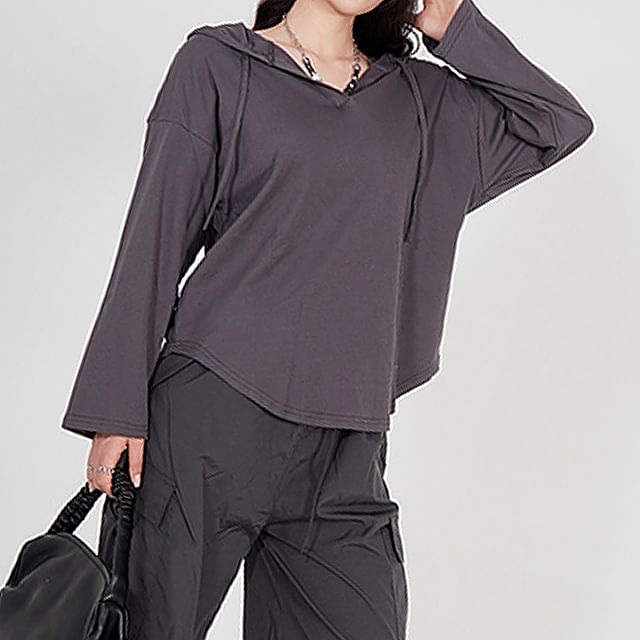 Amyway-Long-Sleeve Hooded Plain Top
