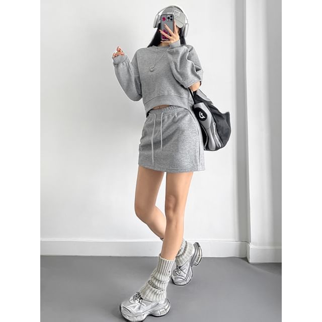 KUMI-Overfit Plain Sweatshirt Drawstring Mini Skirt