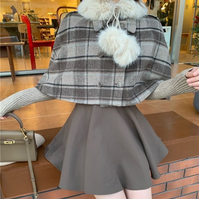 Serendipitous - Long-Sleeve Scoop Neck Plain Lace Ruffle Ribbed Knit Top /  Mini Overall Dress / Plaid Cape / Faux Fur Collar / Set | YesStyle