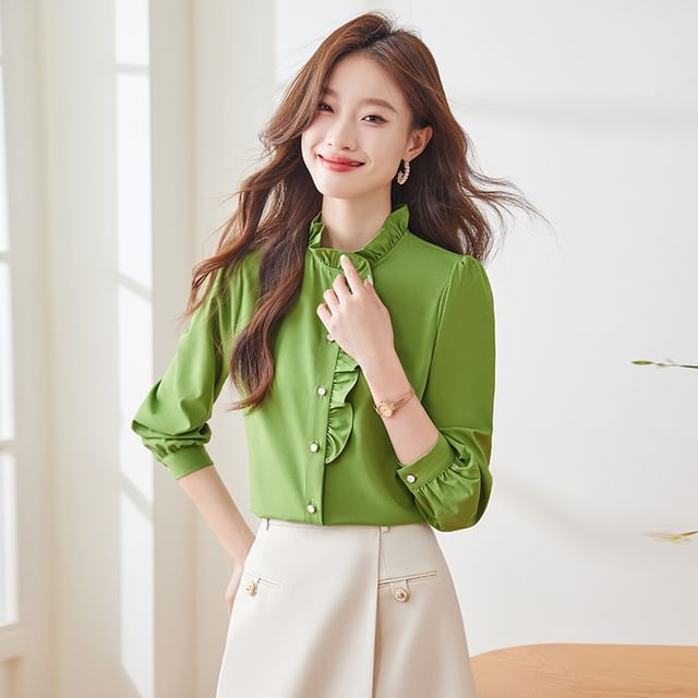 Skyheart-Long Sleeve Stand Collar Plain Ruffle Blouse