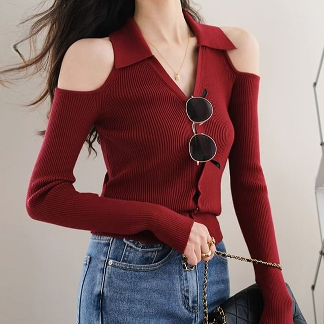 Shinsei-Long-Sleeve V-Neck Cold Shoulder Plain Knit Top