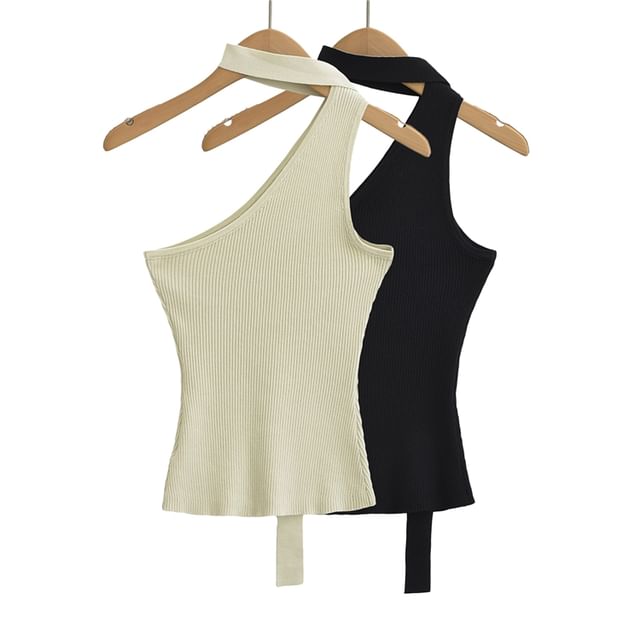 Ulark-Asymmetrical Plain Knit Tank Top