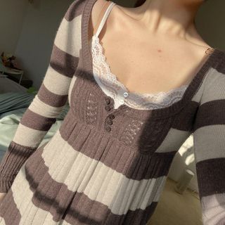Sosana - Long Sleeve Square-Neck Striped Ribbed-Knit Sweater