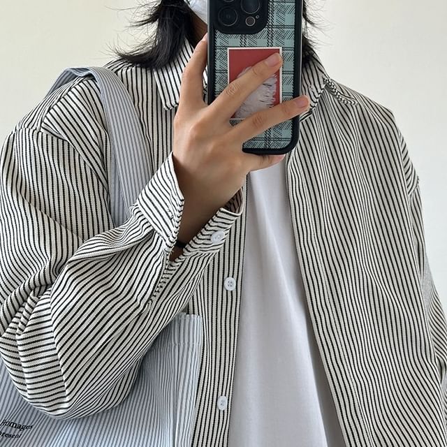 Zentrus-Long Sleeve Collared Striped Shirt