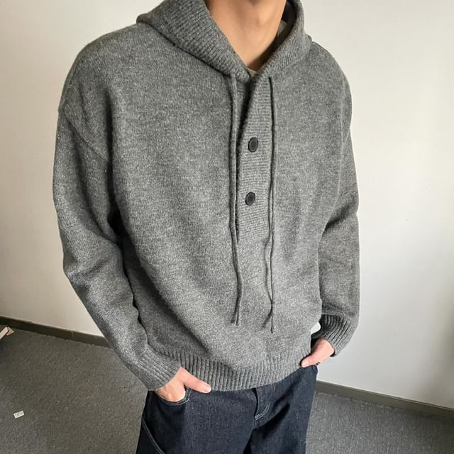 DragonRoad-Half buttoned Plain Knit Hoodie
