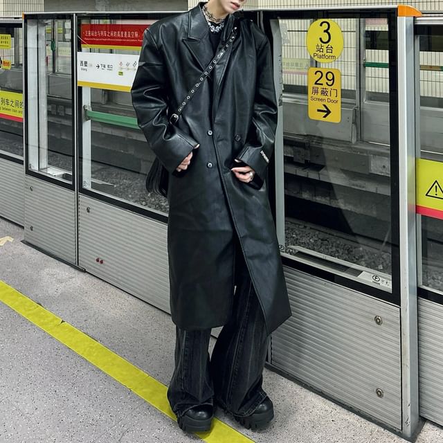 DragonRoad-Double Breasted Faux Leather Long Coat