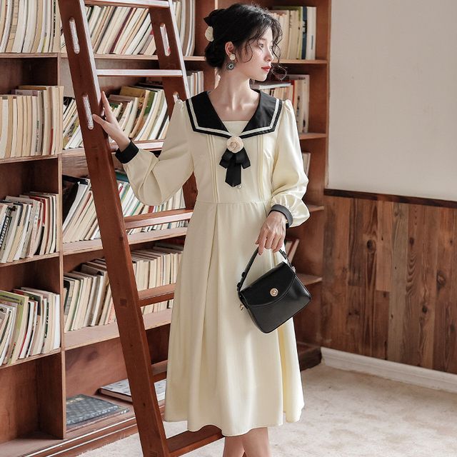 knee length dresses for ladies Cotton Poplin Long Sleeve Sailor Dress