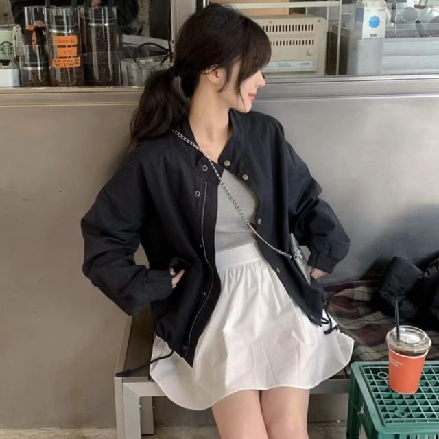 Jesong-Plain Drawstring Zip Jacket