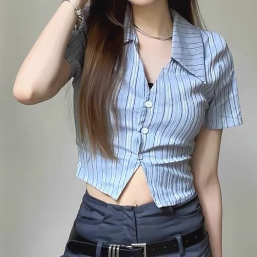 Larlige - Short-Sleeve Striped Crop Slim Fit Shirt | YesStyle