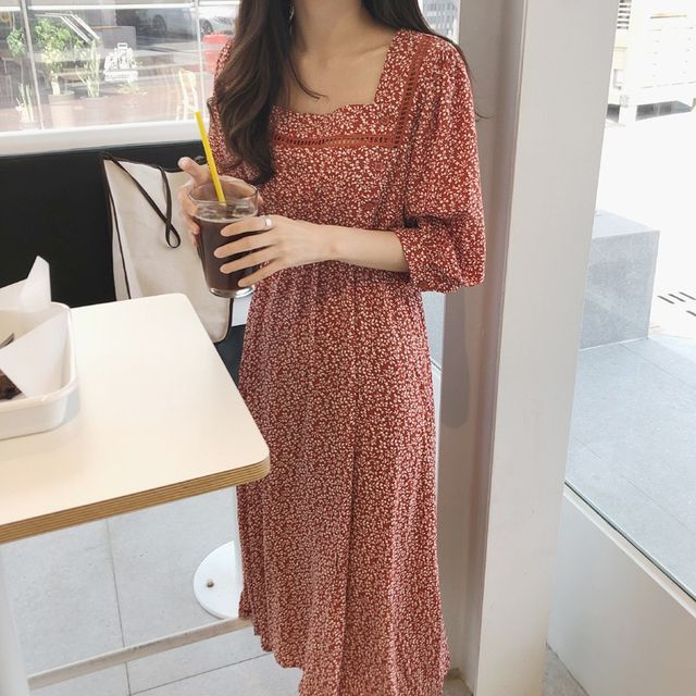 ROSEMARY - Flower Print Square-Neck 3/4-Sleeve A-Line Midi Dress | YesStyle