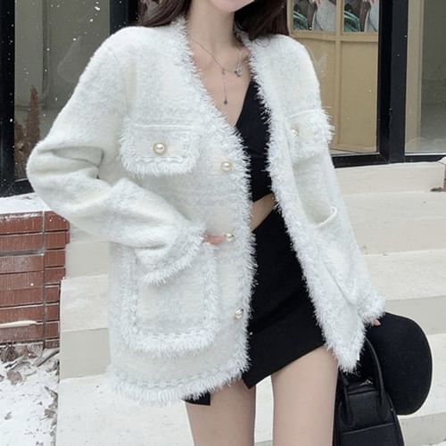 V Neck Fluffy Button Up Cardigan