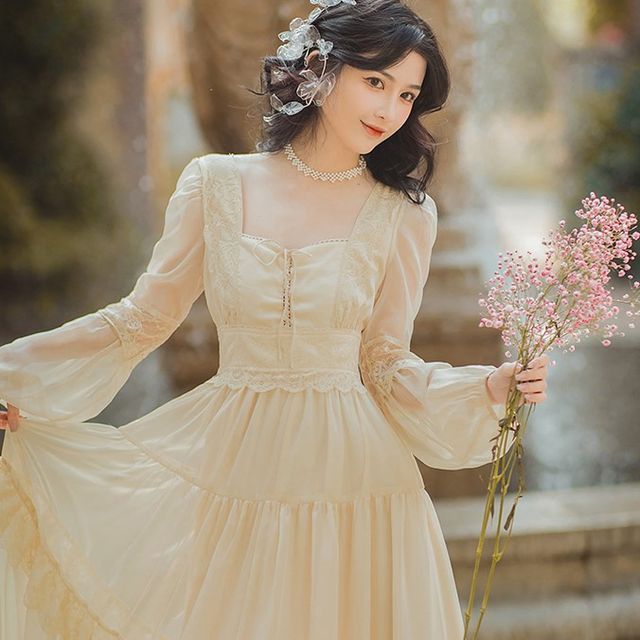 puff sleeve lace trim midi dress Warehouse Women's Animal Print Puff Sleeve Lace Trim Midi Dress w/ Split