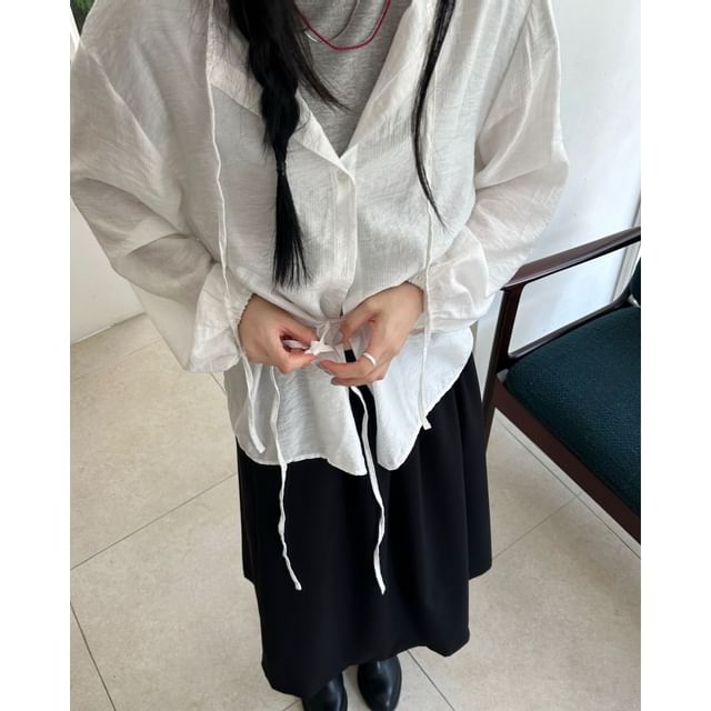 SeoulPop-Long-Sleeve Plain Button-Up Blouse