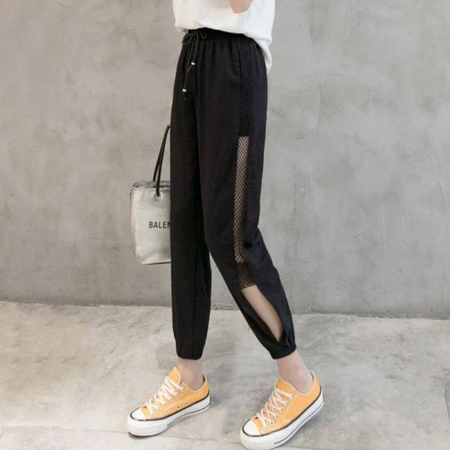 Cloud Nine-Drawstring Waist Plain Mesh Panel Cutout Cropped Tapered Pants