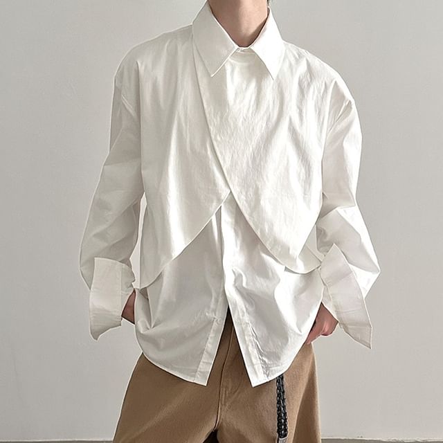 Nahagin-Long Sleeve Lapel Neck Plain Wrap Shirt