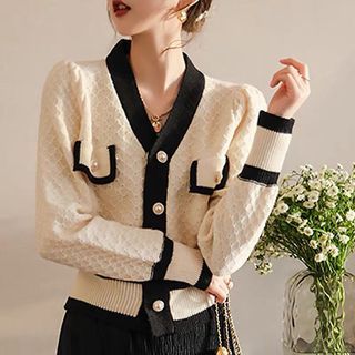 Beaustreet V Neck Two Tone Faux Pearl Button Up Cardigan