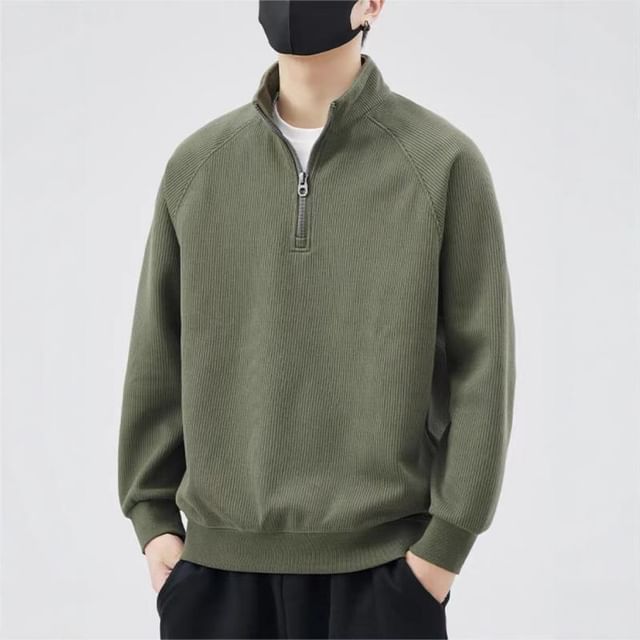 Ateso-Mock Neck Plain Half-Zip Sweatshirt