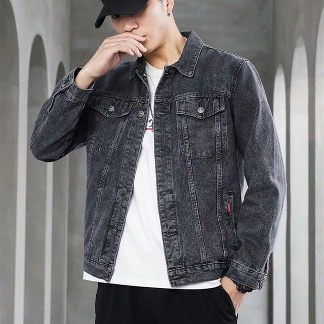 Wescosso-Lapel Collar Washed Denim Button Down Jacket
