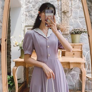 sansweet - Collared Short-Sleeve Midi A-Line Dress | YesStyle