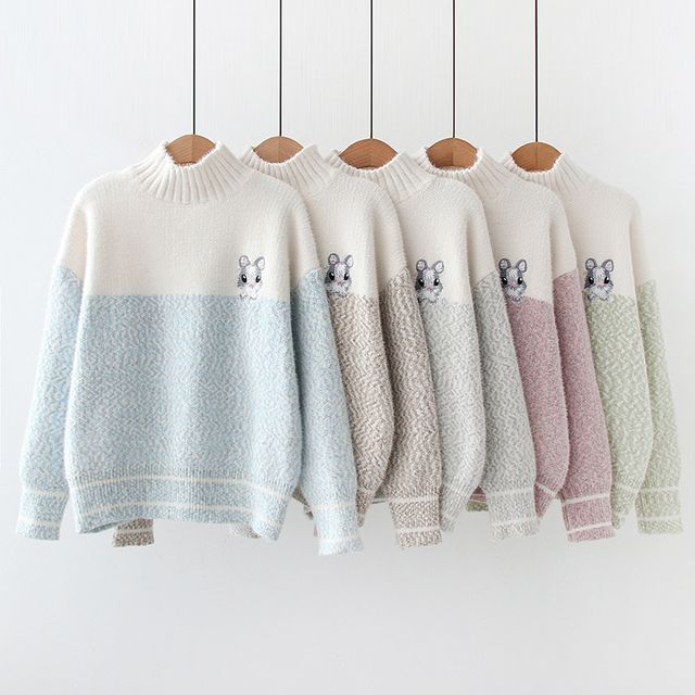 Kawaii Fairyland Mock Neck Rabbit Embroidered Two Tone Sweater