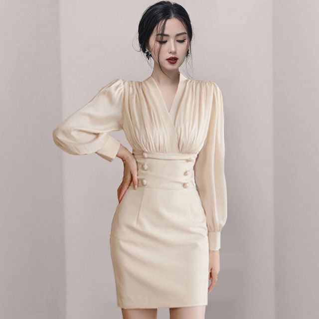 Voila - Puff-Sleeve Double Breasted Dress | YesStyle