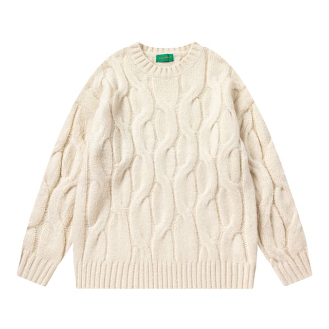 Chuoku-Couple Matching Round Neck Plain Cable Knit Sweater