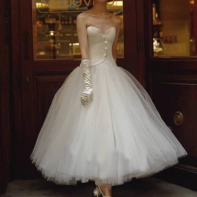 DreesHouse-Strapless Plain Mesh Panel A-Line Wedding Gown