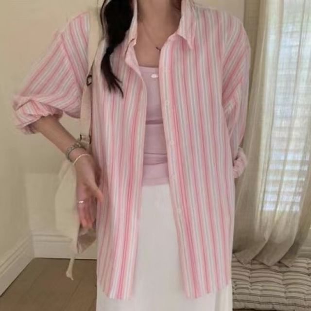 ISSOL-Long Sleeve Collared Striped Shirt