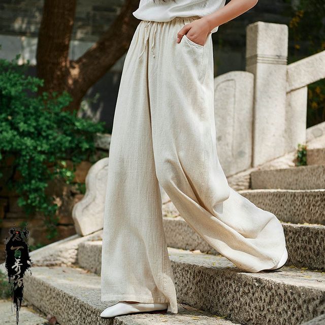Lewwe-High Rise Plain Wide Leg Pants